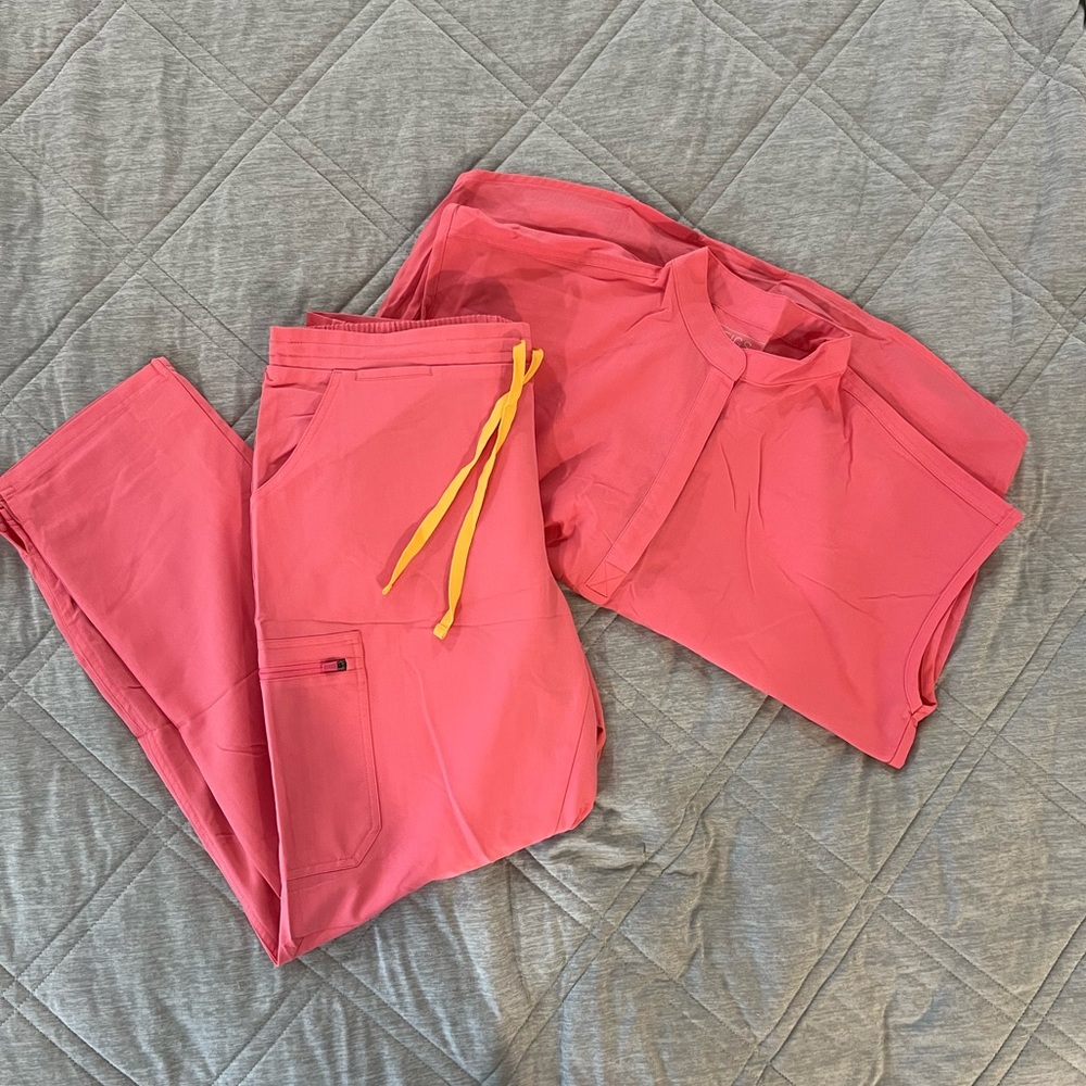 Figs Neon Pink scrub set with orange drawstring